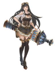 Rule 34 | 1girl, absurdres, bare shoulders, belt, black hair, black thighhighs, blouse, blunt bangs, breasts, brown eyes, cleavage, clothing cutout, corset, frilled skirt, frills, full body, goggles, goggles on head, hand on own hip, highres, jessica (granblue fantasy), large breasts, long hair, looking away, mole, mole under eye, open mouth, original, shirt, shoulder cutout, skirt, smile, solo, standing, steampunk, thighhighs, victorian, white background, white shirt