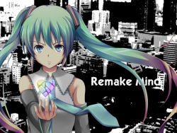 Rule 34 | 1girl, alternate eye color, bad id, bad pixiv id, bare shoulders, blue eyes, cityscape, detached sleeves, frown, gradient hair, green hair, hatsune miku, heart, long hair, looking at viewer, multicolored hair, necktie, outstretched arm, solo, twintails, vocaloid, yatsu (sasuraino)