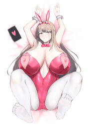 Rule 34 | 1girl, arms up, blonde hair, bow, bowtie, breasts, brown hair, detached collar, goddess of victory: nikke, hair ornament, hairband, huge breasts, kiwi sweetie, legs up, leotard, long hair, lying, nipple cutout, nipples, on back, pantyhose, playboy bunny, rabbit hair ornament, red eyes, solo, spread legs, viper (nikke), viper (toxic rabbit) (nikke), white background, white pantyhose, wrist cuffs