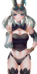 Rule 34 | 1girl, animal ears, armor, warrior of light (ff14), bandeau, bare shoulders, bikini, bikini bottom only, black-framed eyewear, black bikini, blue eyes, bow, bowtie, bracelet, breasts, cleavage, cowboy shot, crop top, detached collar, detached sleeves, eyewear on head, faulds, final fantasy, final fantasy xiv, grey hair, hanato (seonoaiko), hand on own hip, hand up, highres, jewelry, large breasts, leotard, long hair, looking at viewer, midriff, mole, mole under mouth, navel, playboy bunny, rabbit ears, revealing clothes, simple background, solo, standing, stomach, strapless, sunglasses, swimsuit, thighlet, thighs, tube top, twintails, viera, white background