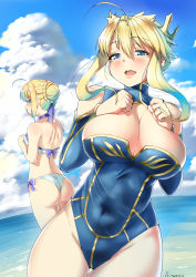 Rule 34 | 2girls, absurdres, ahoge, artist name, artoria pendragon (all), artoria pendragon (fate), artoria pendragon (lancer) (fate), artoria pendragon (swimsuit archer) (first ascension) (fate), ass, back, bare shoulders, beach, bikini, blonde hair, blue bow, blue eyes, blue leotard, blue sleeves, blush, bow, braid, breast envy, breast suppress, breasts, cleavage, cleavage cutout, clothing cutout, cloud, covered navel, cross, crown, dated, day, detached sleeves, fate/grand order, fate/stay night, fate (series), french braid, hair between eyes, hair bow, halterneck, hands on own chest, highleg, highleg leotard, highres, large breasts, leotard, looking at another, looking at viewer, looking back, medium breasts, multiple girls, na arva, ocean, open mouth, outdoors, pout, saber (fate), short hair, sidelocks, sky, swimsuit, taut leotard, white bikini