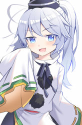 Rule 34 | 1girl, :d, arm up, blue eyes, blue skirt, blush, commentary request, e.o., eyelashes, flat chest, hat, highres, japanese clothes, kariginu, long hair, long sleeves, looking at viewer, mononobe no futo, open mouth, ponytail, ribbon-trimmed sleeves, ribbon trim, sidelocks, silver hair, simple background, skirt, sleeves past fingers, sleeves past wrists, smile, smug, solo, tate eboshi, touhou, white background, wide sleeves