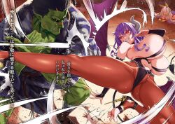 1boy 2girls animal_ears asanagi bash_(orc_eiyuu_monogatari) battle black_hair black_sclera breasts bridal_gauntlets cameltoe carrot_(orc_eiyuu_monogatari) colored_sclera colored_skin demon_girl demon_horns demon_tail demon_wings fighting fox_ears fox_girl green_skin grin high_heels highres horns huge_breasts kicking long_hair mixed_gender_duel mole mole_under_mouth multiple_girls navel novel_illustration official_art orc orc_eiyuu_monogatari purple_hair red_eyes scar scar_on_face scar_on_nose silviana_(orc_eiyuu_monogatari) smile tail toeless_footwear tusks white_hair wings