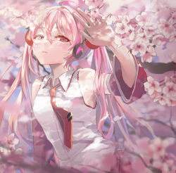 Rule 34 | 1girl, absurdres, ahoge, armpit peek, bare shoulders, blurry, blurry background, blurry foreground, branch, breasts, cherry blossoms, commentary, dappled sunlight, dekalco, depth of field, detached sleeves, fingernails, flower, hair between eyes, half-closed eyes, hand up, hatsune miku, headset, highres, long hair, long sleeves, looking at viewer, medium breasts, necktie, outdoors, parted lips, petals, pink eyes, pink flower, pink hair, red necktie, sakura miku, shirt, skirt, sleeveless, sleeveless shirt, solo, sunlight, teeth, tree, twintails, very long hair, vocaloid, white flower, white shirt, wing collar