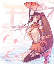 Rule 34 | 1girl, :d, bare shoulders, black thighhighs, breasts, brown hair, cherry blossoms, from side, full body, headgear, holding, holding umbrella, kantai collection, kasumi (skchkko), large breasts, long hair, looking at viewer, oil-paper umbrella, open mouth, ponytail, single thighhigh, sitting, smile, solo, thighhighs, torii, umbrella, yamato (kancolle)