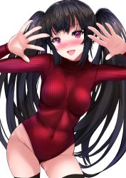 Rule 34 | 1girl, black hair, black thighhighs, blush, breasts, commentary request, covered navel, cowboy shot, heattech leotard, highres, leaning forward, leotard, long hair, looking at viewer, medium breasts, nose blush, open hands, open mouth, original, red eyes, red leotard, ribbed leotard, simple background, solo, sukesan, teeth, thighhighs, turtleneck, twintails, upper teeth only, white background