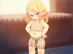 Rule 34 | 1girl, blonde hair, bloomers, blurry, blurry background, blush, camisole, child, closed mouth, commentary request, contrapposto, elf, feet out of frame, feral lemma, flat chest, hair between eyes, hands on own hips, head tilt, highres, looking at viewer, medium hair, midriff, navel, no nose, original, paid reward available, photoshop (medium), pointy ears, purple eyes, shadow, sidelocks, sleeveless, smile, solo, standing, thick arms, tsurime, underwear, underwear only