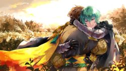 Rule 34 | 2boys, black gloves, brown hair, byleth (fire emblem), byleth (male) (fire emblem), cape, claude von riegan, cloud, cloudy sky, fire emblem, fire emblem: three houses, from behind, gloves, green eyes, green hair, hand on another&#039;s head, highres, hug, jewelry, long sleeves, multiple boys, nintendo, shiroi (shiroicbe), short hair, sky, smile, upper body, yellow cape