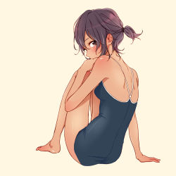 Rule 34 | 1girl, back, bad id, bad pixiv id, barefoot, blue one-piece swimsuit, brown hair, competition school swimsuit, covering own mouth, feet, full body, hair between eyes, highres, looking back, one-piece swimsuit, original, purple eyes, purple hair, school swimsuit, short hair, short ponytail, simple background, sitting, solo, swimsuit, teti, thighs, toes, yellow background