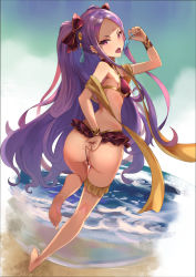 Rule 34 | 1girl, ass, back, bare shoulders, beach, bikini, bikini pull, blush, bow, breasts, bridal garter, clothes pull, eating, eyeliner, facial mark, fang, fate/grand order, fate (series), feet, food, forehead, forehead mark, hair bow, hair ornament, highres, hip focus, kakumayu, legs, long hair, looking at viewer, looking back, makeup, ocean, open mouth, parted bangs, popsicle, purple bikini, purple eyes, purple hair, sash, small breasts, solo, swimsuit, tassel, thighs, twintails, very long hair, wedgie, wu zetian (fate), wu zetian (seaside luxury) (fate)