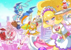 Rule 34 | 4girls, absurdres, apron, blonde hair, blue eyes, blue hair, blunt bangs, bridal gauntlets, brooch, bun cover, city, closed eyes, commentary request, cure finale, cure precious, cure spicy, cure yum-yum, delicious party precure, drill hair, food delivery box, fuwa kokone, gloves, hanamichi ran, heart, heart brooch, highres, jewelry, kasai amane, kome-kome (precure), magical girl, multiple girls, nagomi yui, pam-pam (precure), parfait, picnic basket, pink hair, plate, precure, side ponytail, smile, ton (ton39342104), twin drills, white gloves, wide ponytail