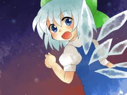 Rule 34 | 1girl, bad id, bad pixiv id, blue eyes, blue hair, blush, bow, cirno, hair bow, hammer (sunset beach), matching hair/eyes, open mouth, solo, tears, touhou, wings