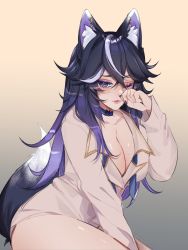 Rule 34 | 1girl, absurdres, animal ear fluff, animal ears, black hair, breasts, cleavage, collarbone, collared shirt, commentary, english commentary, eyeshadow, fox ears, fox girl, fox tail, gradient hair, highres, indie virtual youtuber, kyaree, kyaree (vtuber), large breasts, leaning forward, makeup, multicolored hair, nail polish, one eye closed, purple eyes, purple eyeshadow, purple hair, purple nails, shirt, smile, solo, tail, virtual youtuber, white shirt