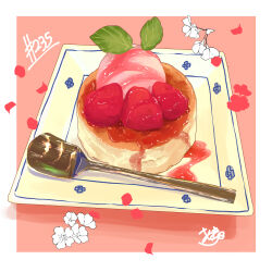 Rule 34 | absurdres, food, food focus, fruit, highres, ice cream, no humans, original, petals, plate, pudding, spoon, strawberry, strawberry syrup, syrup, takisou sou