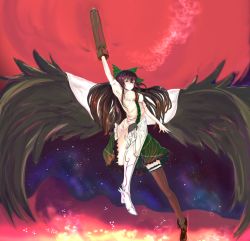Rule 34 | 1girl, arm cannon, arm up, asymmetrical footwear, asymmetrical legwear, bad id, bad pixiv id, black footwear, black hair, black thighhighs, black wings, boots, bow, breasts, cape, embers, feathered wings, fire, flying, frilled skirt, frills, garter straps, gradient background, green skirt, hair bow, highres, large wings, leg lift, leg up, long hair, looking at viewer, looking up, lumo 1121, armored boots, mismatched footwear, mismatched legwear, lava, puffy short sleeves, puffy sleeves, reiuji utsuho, shirt, short sleeves, skirt, smoke, solo, space, taut clothes, taut shirt, thighhighs, thighs, third eye, touhou, unfinished, very long hair, weapon, white shirt, wings