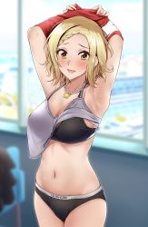 Rule 34 | 1girl, :d, absurdres, armpits, arms up, black bra, black panties, blonde hair, blurry, blurry background, blush, bra, braid, braided bangs, breasts, calvin klein, camisole, camisole lift, chair, cleavage, clothes lift, highres, indoors, jewelry, kitaku (nakamachi machi), large breasts, looking at viewer, love live!, love live! nijigasaki high school idol club, love live! school idol project, medium hair, miyashita ai, navel, necklace, no pants, open mouth, panties, product placement, sidelocks, sleeveless, smile, solo, star (symbol), star necklace, underwear, undressing, window, yellow eyes