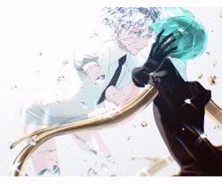 Rule 34 | 2others, androgynous, antarcticite, aqua hair, bad id, bad twitter id, breaking, colored eyelashes, crack, crystal hair, gem uniform (houseki no kuni), gloves, golden arms, highres, houseki no kuni, kattatsu (aadg7828), looking at another, missing limb, multiple others, necktie, phosphophyllite, shards, short hair, smile, spoilers, white eyes, white hair