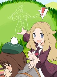 Rule 34 | !, + +, 2girls, :d, backpack, bag, blazer, blush, brown eyes, brown hair, cardigan, cerne abbas giant, collared shirt, creatures (company), day, drawing, dress shirt, game freak, gloria (pokemon), green headwear, grey cardigan, hat, highres, hill, jacket, lass (pokemon), long hair, long sleeves, looking at another, mhydrate, motion blur, multiple girls, necktie, nintendo, nose blush, open clothes, open jacket, open mouth, outdoors, pokemon, pokemon swsh, purple jacket, shirt, short hair, smile, tam o&#039; shanter, white shirt