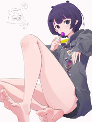 Rule 34 | 1girl, barefoot, black shorts, bob cut, breasts, candy, feet, food, food in mouth, grey hood, grey jacket, hair ornament, hairclip, highres, holding, holding candy, holding food, holding lollipop, hololive, hololive english, hood, hooded jacket, jacket, knee up, legs, light blush, lollipop, long sleeves, looking at viewer, ninomae ina&#039;nis, ninomae ina&#039;nis (loungewear), official alternate hair length, official alternate hairstyle, pointy ears, purple eyes, purple hair, short hair, short shorts, shorts, simple background, sitting, small breasts, soles, solo, takodachi (ninomae ina&#039;nis), tallgeese (lgeesel), thighs, toe scrunch, toes, virtual youtuber, white background