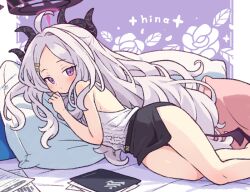 Rule 34 | 1girl, ahoge, black horns, black skirt, black wings, blue archive, blush, breasts, closed mouth, demon horns, demon wings, feet out of frame, grey hair, halo, hina (blue archive), horns, long hair, looking at viewer, multiple horns, onyhakase, paper, parted bangs, pillow, purple eyes, shirt, skirt, sleeveless, sleeveless shirt, small breasts, solo, white shirt, wings