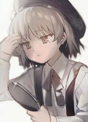 Rule 34 | 1girl, beret, blanchat, hand mirror, hat, hatoba tsugu, looking at another, mirror, shirt, short hair, simple background, solo, upper body, virtual youtuber, white background, white shirt