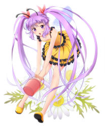 Rule 34 | 1girl, :o, antennae, bucket, flower, frills, full body, insect wings, leaning forward, long hair, miyato000, purple eyes, purple hair, shoes, sidelocks, skirt, solo, sophie (tales), tales of (series), tales of graces, twintails, wings, yellow skirt