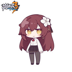 Rule 34 | 1girl, black footwear, black skirt, blush stickers, breasts, brown hair, chibi, closed mouth, collared shirt, copyright name, eden (honkai impact), eta, flower, full body, hair between eyes, hair flower, hair ornament, honkai (series), honkai impact 3rd, long hair, long sleeves, looking at viewer, pantyhose, pleated skirt, shirt, shoes, simple background, skirt, sleeves past wrists, small breasts, smile, solo, standing, very long hair, white background, white flower, white shirt, yellow eyes