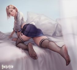 Rule 34 | 1girl, absurdres, all fours, ass, bed sheet, black eyes, black panties, black thighhighs, blonde hair, blouse, blue background, blue skirt, blush, braid, braided ponytail, breasts, character request, commission, crop top, curtains, fake tail, feet, from behind, full body, highres, jagercoke, jewelry, large breasts, long hair, long sleeves, looking at viewer, looking back, mabinogi, mabinogi heroes, miniskirt, panties, pantyshot, parted lips, pillow, plaid, plaid skirt, pussy juice, rabbit tail, red lips, ring, shirt, signature, simple background, single braid, skindentation, skirt, soles, solo, suspender skirt, suspenders, sweat, tail, thigh strap, thighhighs, toes, underwear, white shirt