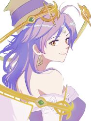 Rule 34 | 1girl, artist request, bare shoulders, brown eyes, celine jules, choker, closed mouth, earrings, elbow gloves, facial mark, forehead mark, gloves, grey background, hat, highres, jewelry, long hair, looking at viewer, pointy hat, purple hair, simple background, smile, solo, star ocean, star ocean the second story, white background