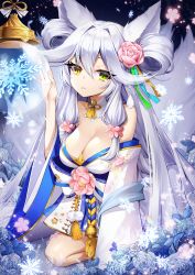 Rule 34 | 1girl, ankkoyom, bare shoulders, breasts, cleavage, commentary request, flower, frown, green eyes, hair flower, hair ornament, highres, houchi shoujo, japanese clothes, kimono, kneeling, large breasts, long hair, long sleeves, looking at viewer, off shoulder, pink flower, solo, white hair, white kimono, yuki onna