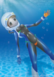 Rule 34 | 1girl, bodysuit, brown eyes, brown hair, diving suit, helmet, image sample, kamishiro yuu (heartless vampire), latex, non-web source, open mouth, pixiv sample, resized, scuba, solo, tight clothes, underwater, watermark, web address, wetsuit