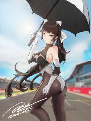 Rule 34 | 1girl, 2020, ass, azur lane, bare shoulders, bodystocking, bow, breasts, brown hair, cleavage cutout, clothing cutout, elbow gloves, extra ears, gloves, hair flaps, highres, holding, holding umbrella, janload1ng, long hair, looking at viewer, medium breasts, multicolored leotard, race queen, racetrack, signature, solo, takao (azur lane), takao (full throttle charmer) (azur lane), two-tone gloves, two-tone leotard, umbrella, very long hair, white bow