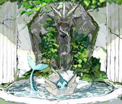 Rule 34 | :3, animal focus, apios, bathing, blue eyes, closed mouth, creatures (company), fountain, game freak, gen 1 pokemon, gyarados, happy, leaf, looking at viewer, moss, nintendo, no humans, partially submerged, pokemon, pokemon (creature), smile, solo, statue, vaporeon, water