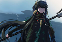 Rule 34 | 1girl, absurdres, architecture, black dress, black hair, dress, earrings, east asian architecture, fingerless gloves, glaring, gloves, grey eyes, hair between eyes, hair ornament, halberd, high collar, highres, holding, holding weapon, jewelry, kongbai huanxiang, long hair, looking ahead, mole, mole under mouth, necklace, outdoors, parted lips, polearm, ponytail, punishing: gray raven, qu (punishing: gray raven), ribbon, solo, tassel, tassel hair ornament, upper body, very long hair, weapon