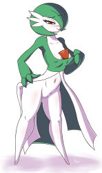 Rule 34 | 1girl, absurdres, blush, breasts, cleavage, clothes pull, collarbone, covered erect nipples, creatures (company), full body, game freak, gardevoir, gen 3 pokemon, green hair, hair over one eye, half-closed eyes, hand on own hip, hand up, highres, legs apart, medium breasts, navel, neayix, nintendo, no pussy, pokemon, pokemon (creature), pokemon rse, shirt pull, short hair, signature, simple background, smile, solo, standing, text focus, white background