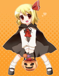 Rule 34 | 1girl, adaajt, ascot, black skirt, blonde hair, candy, cape, embodiment of scarlet devil, female focus, food, hair ribbon, halloween, happy, heart, holding, jack-o&#039;-lantern, lollipop, long sleeves, looking at viewer, mary janes, open mouth, orange background, pumpkin, red eyes, red ribbon, ribbon, rumia, shirt, shoes, short hair, simple background, skirt, socks, solo, standing, touhou, vest, white shirt, wing collar