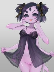 Rule 34 | 1girl, arthropod girl, babydoll, black eyes, black hair, bottomless, breasts, cleft of venus, colored skin, extra arms, extra eyes, fang, gradient background, hair ribbon, highres, lingerie, monster girl, muffet, navel, nipples, no panties, noah (tettsui-sole), one eye closed, purple skin, pussy, ribbon, see-through, shiny skin, short hair, small breasts, solo, source request, twintails, undertale, underwear, wide hips