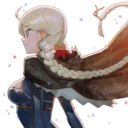 Rule 34 | 1girl, absurdres, ahoge, black cape, blue eyes, bodysuit, braid, breasts, cape, chest harness, closed mouth, commission, commissioner upload, earrings, fire emblem, fire emblem fates, fire emblem heroes, harness, highres, hood, hood down, hooded cape, jewelry, latex, latex bodysuit, leather strap, long hair, looking to the side, low twintails, mask, unworn mask, medium breasts, nina (fire emblem), nintendo, official alternate costume, parted bangs, phantom thief, saaal653, solo, twin braids, twintails, white hair