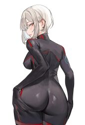 Rule 34 | 1girl, ariane yeong, ass, bodysuit, breasts, from behind, highres, huge ass, red eyes, signalis, spread ass, tight clothes, white hair