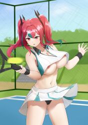 Rule 34 | 1girl, absurdres, azur lane, ball, bare shoulders, black panties, blue sky, breasts, bremerton (azur lane), bremerton (scorching-hot training) (azur lane), chain-link fence, chinese commentary, cloud, collarbone, collared shirt, commentary request, cowboy shot, crop top, crop top overhang, day, fence, green hair, green skirt, hair between eyes, hair intakes, hair ornament, heart, heart necklace, heihei kmc, highres, holding, holding racket, jewelry, large breasts, long hair, multicolored hair, navel, necklace, nipples, no bra, no mole, official alternate costume, outdoors, panties, parted lips, pink eyes, pink hair, racket, shirt, sidelocks, skirt, sky, sleeveless, sleeveless shirt, solo, sportswear, standing, stomach, streaked hair, tennis, tennis ball, tennis court, tennis racket, tennis uniform, twintails, two-tone hair, two-tone shirt, two-tone skirt, underboob, underwear, upshirt, upskirt, white shirt, white skirt, wristband, x hair ornament