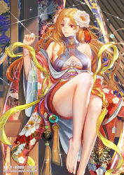 Rule 34 | 1girl, bare legs, barefoot, beads, blonde hair, bracelet, breasts, collaboration, dress, facial mark, feet, flower, forehead mark, hair flower, hair ornament, jewelry, large breasts, long hair, original, red eyes, ring, robe, sash, scar, scar on face, scar on nose, sitting, toes, xiaji, yang yang (tigu)