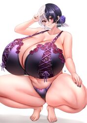 Rule 34 | 1girl, absurdres, barefoot, black bow, black hair, blush, bow, breasts, character request, cleavage, commission, cowboy shot, doinaka, dot nose, female focus, fingernails, flower, gigantic breasts, grin, hair flower, hair ornament, head tilt, highres, indie virtual youtuber, lingerie, looking at viewer, purple flower, purple rose, red eyes, rose, shiny skin, short hair, smile, solo, standing, thick thighs, thighs, toenails, toes, underwear, v, virtual youtuber, white hair, wide sleeves