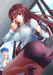 Rule 34 | 1boy, 1girl, ahsiu, alternate costume, arm support, ass, bad id, bad pixiv id, blank eyes, blue hair, blush, book, breasts, brown hair, ceiling, closed mouth, cloud, collared shirt, cu chulainn (fate), cu chulainn (fate/stay night), day, earrings, fate/grand order, fate/stay night, fate (series), from below, frown, glass, glasses, hair intakes, high heels, highres, holding, holding book, jewelry, large breasts, leg up, lens flare, long hair, long sleeves, looking at another, looking at viewer, looking back, looking down, miniskirt, open mouth, pantyhose, pantylines, pencil skirt, ponytail, red eyes, red pantyhose, scathach (fate), shirt, skirt, sky, sparkle, standing, surprised, very long hair, white shirt, window, ylord