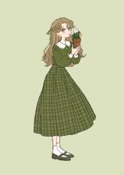 Rule 34 | 1girl, bright pupils, buttons, cactus, collared shirt, commentary, earrings, flower, flower pot, full body, gold earrings, green footwear, green ribbon, green shirt, green skirt, hair ribbon, half updo, highres, holding, holding flower pot, jewelry, light blush, light brown hair, long eyelashes, long hair, long sleeves, looking to the side, original, parted bangs, plaid, plaid skirt, pleated skirt, puffy long sleeves, puffy sleeves, red lips, retro artstyle, ribbon, rikuwo, shirt, simple background, skirt, sleeve cuffs, socks, solo, standing, two-tone shirt, white flower, white pupils, white shirt, white socks, yellow flower