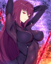 Rule 34 | 1girl, arched back, armor, armpits, arms behind head, aura, blackwatchar, bodysuit, breasts, electricity, covered erect nipples, fate/grand order, fate (series), gae bolg (fate), hair between eyes, highres, impossible bodysuit, impossible clothes, large breasts, long hair, looking at viewer, parted lips, pauldrons, polearm, purple bodysuit, purple hair, red eyes, scathach (fate), scathach (fate), shoulder armor, skin tight, smile, solo, very long hair, weapon