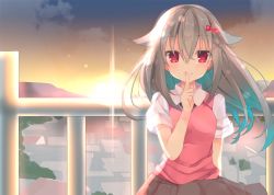 Rule 34 | 1girl, black skirt, blouse, blush, bow, closed mouth, evening, finger to mouth, grey hair, hair between eyes, hair bow, hair flaps, hair ornament, index finger raised, long hair, looking at viewer, original, outdoors, pink bow, railing, red eyes, satsuki mayuri, shirt, short sleeves, shushing, skirt, smile, solo, standing, sweater vest, upper body, white shirt, x hair ornament