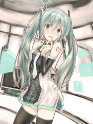 Rule 34 | 1girl, blush, detached sleeves, green eyes, green hair, hatsune miku, highres, long hair, matching hair/eyes, necktie, rupe paperu, solo, thighhighs, twintails, vocaloid
