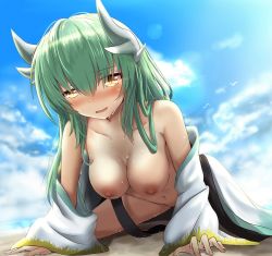 Rule 34 | 1girl, all fours, bare shoulders, beach, blush, breasts, day, fate/grand order, fate (series), green hair, hair between eyes, hanging breasts, horns, kiyohime (fate), long hair, medium breasts, navel, nipples, open mouth, outdoors, solo, sweat, yellow eyes