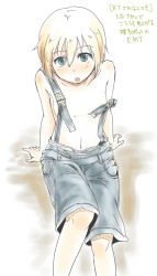 Rule 34 | 1girl, blonde hair, blue eyes, erica hartmann, flat chest, naked overalls, nipple slip, nipples, overalls, short hair, solo, strap slip, strike witches, world witches series
