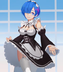 Rule 34 | 10s, 1girl, blue eyes, breasts, cleavage, clothes lift, detached sleeves, dress, dress lift, garter straps, gradient background, hair ornament, hair over one eye, head tilt, lifted by self, long sleeves, looking at viewer, maid, maid headdress, medium breasts, mto, outstretched arm, parted lips, re:zero kara hajimeru isekai seikatsu, rem (re:zero), skirt, skirt lift, smile, solo, thighhighs, white thighhighs, x hair ornament